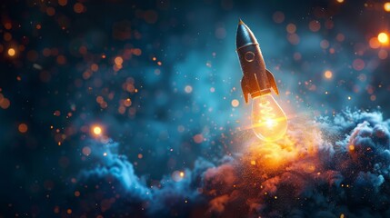 Fototapeta premium A concept image of a light bulb morphing into a rocket, symbolizing the idea of innovation launching new possibilities.