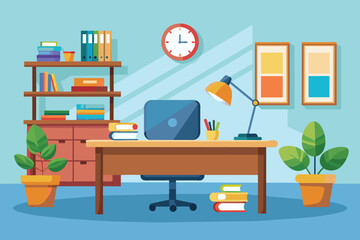Workspace with computer, desk, and potted plants, AI generated