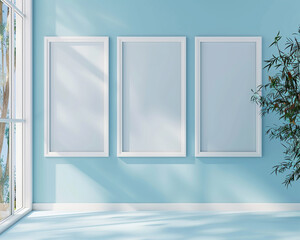 Modern trio of frames on a light periwinkle blue wall clean and fresh look