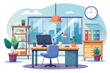 A simple and elegant office room featuring a desk and chair for work or study, elegant office interior, Modern office workspace with desk and plants 