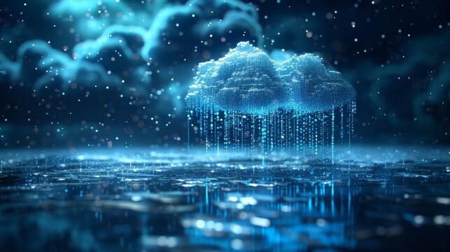 A conceptual image of a cloud raining streams of binary code onto a computer, illustrating the concept of data transfer and cloud services.