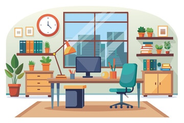 A simple and elegant office room featuring a desk and chair for work or study, elegant office interior, Modern office workspace with desk and plants  Ai generated