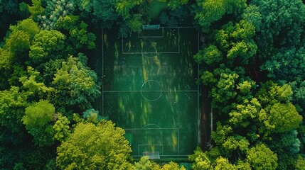 Aerial view of a soccer field bathed in sunlight, with lush green grass and neatly drawn white boundary lines