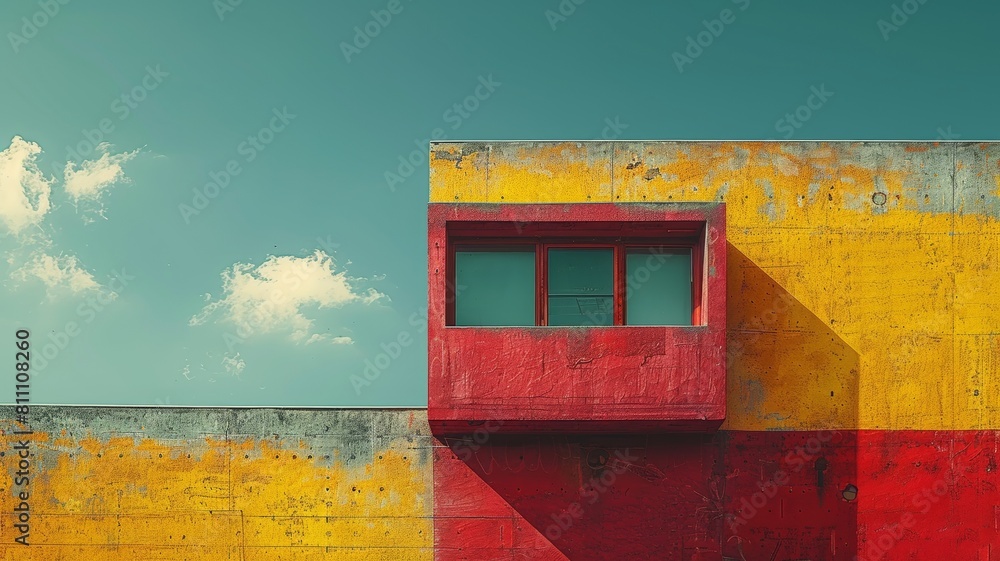 Poster the image shows a colorful building with blue sky and clouds in the background. the building is pain