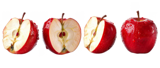 Set of red apple core cut out transparent isolated on white background PNG file artwork graphic design.