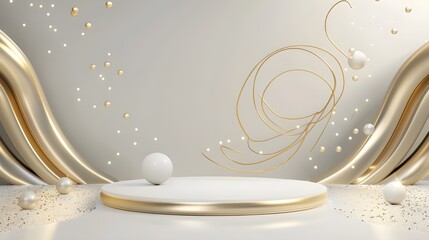 Product display podium with golden curve line element and decoration with  glitter light effect luxury background.