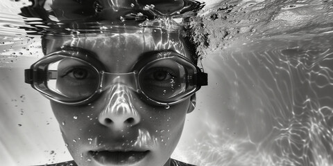 black and white picture of a boy under water