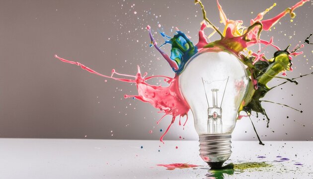Eine Gl&uuml;hbirne explodiert vor Kreativit&auml;t mit bunter Farbe und spritzt auf einen hellen Hintergrund.
