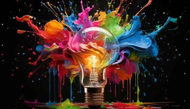 Eine Gl&uuml;hbirne explodiert vor Kreativit&auml;t mit bunter Farbe und spritzt auf einen schwarzen Hintergrund.