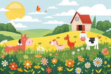 A charming and colorful illustration of a farm scene. 