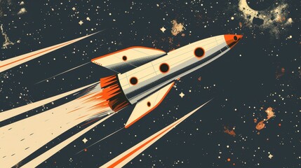 A retro-style poster featuring a classic rocket design, reminiscent of 1950s space exploration themes.