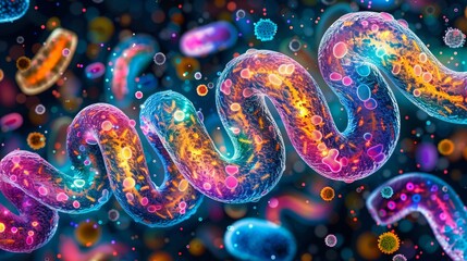 The image shows a glowing bacteria with a vibrant blue background.