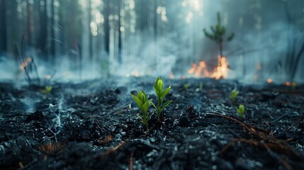 A close-up photo of a recently extinguished forest fire. Focus on the charred remains of trees,...