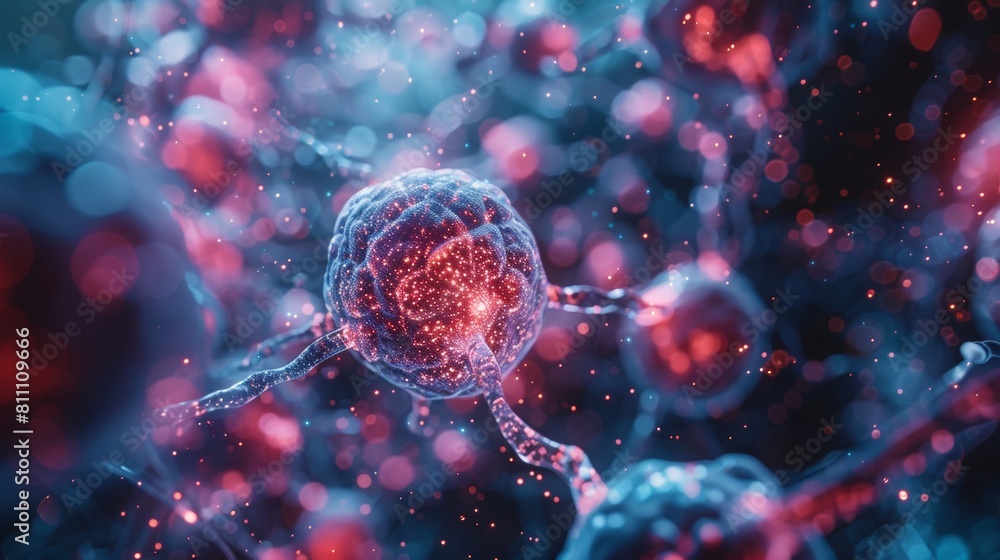 Poster the image shows a close-up of a neuron, or nerve cell. the neuron is surrounded by other neurons, an