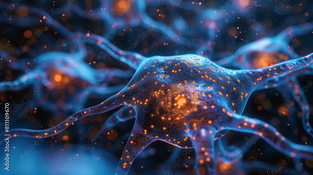 Poster the image shows a close-up of a neuron, which is the basic functional unit of the nervous system.