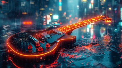 A guitar with laser strings, glowing in the darkness, stands out against a futuristic cityscape 8K , high-resolution, ultra HD,up32K HD