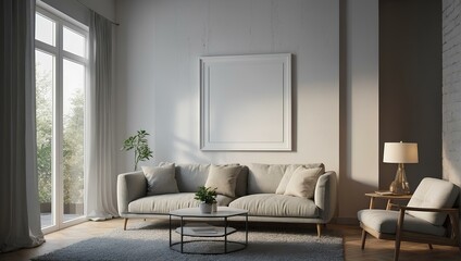 mockup frame poster. Blank frame hanging on the wall with Modern interior Room design in 3D render. illustration generative ai