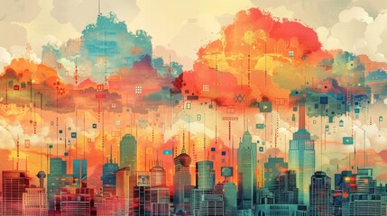 A vibrant illustration of a city skyline with clouds morphing into various digital devices, representing the integration of cloud computing into urban life.
