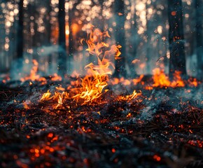 A close-up photo of a recently extinguished forest fire. Focus on Fire Retardant Chemical substances, such as ammonium phosphate-based retardants
