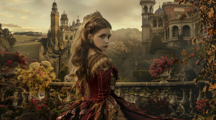 A scene reminiscent of a fairy tale unfolds as a young woman in a red dress stands on a balcony, gazing out over a vast Victorian-era mansion complex.