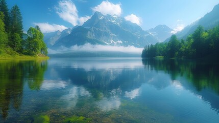 Serene Summer Morning by Hintersee Lake with Reflection of Mountains and Forests