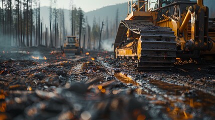 A close-up photo of Heavy Equipment: Bulldozers, excavators, and other heavy machinery are used to construct firebreaks