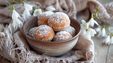 Indulge in scrumptious carnival donuts displayed in a charming ceramic bowl These delectable treats feature a decadent sweet dough generously filled with luscious vanilla cream and elegantl
