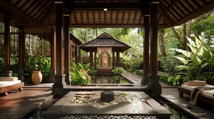 Tropical garden with wooden house in Bali, Indonesia. - Powered by Adobe