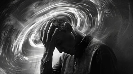 The concept of vertigo illness involves a man clutching his head experiencing a swirling headache and a disorienting sensation of dizziness typically stemming from issues within the inner ea