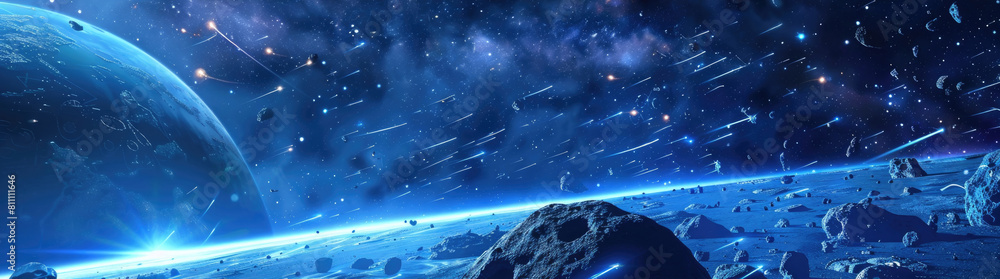Poster a space station floats in the vastness of space, with a planet visible in the background
