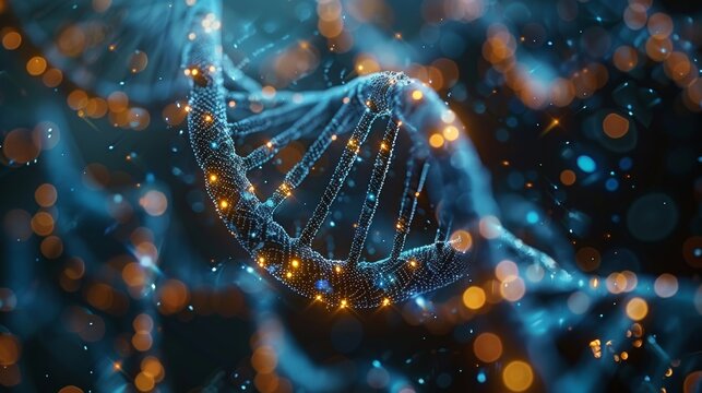 The image shows a glowing blue and yellow double helix representing DNA.