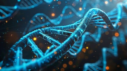 The image shows a glowing blue double helix representing DNA, the blueprint of life,close up view of dna