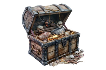 Pirate treasures in an old sea chest isolated on transparent background