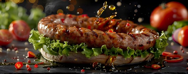 Mouthwatering hotdog sausages, expertly cooked and kept warm, topped with crisp lettuce, ripe tomatoes, aromatic onions, and vibrant peppers