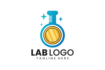 Flat modern simple gold coin laboratory logo template icon symbol vector design illustration