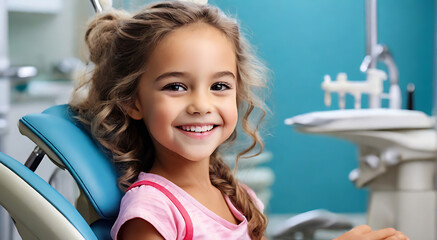 Closeup of A girl sitting at a Children's dentistry seat with healthy teeth and beautiful smile with copy space and isolated background, chair