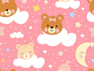 A delightful teddy bear soars across a pink sky with stars, clouds, and a moon, creating a charming pattern for children. Its bow tie and kawaii face make it perfect for wrapping paper, fabric, and ba