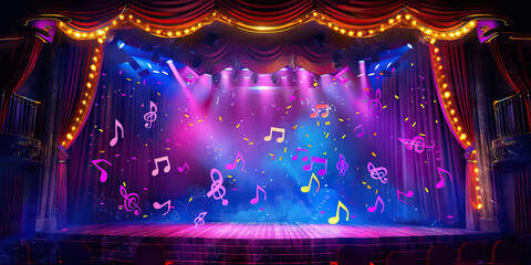 Musical Theatre Magic: Music Notes Swirling Around a Theatrical Stage Set with Props and Costumes