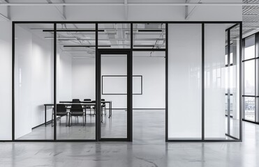 White and black conference room with glass walls, door open to the right side of an office interior
