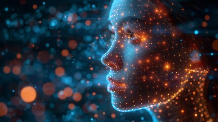 The image shows a person with a glowing head made of stars. The person is looking to the right of the frame. The background is dark blue with many small, glowing lights. - Powered by Adobe
