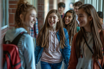 Fototapeta premium group of international high school friends walk down the college hallway, their laughter echoing as they share stories and jokes, showcasing the bond of friendship and mutual suppo