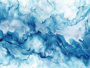 Abstract art with blue and white colors resembling a turbulent ocean. Cool ice tone background with aquamarine pigment and aquarelle paint, reminiscent of alcohol ink for a gritty vibe.