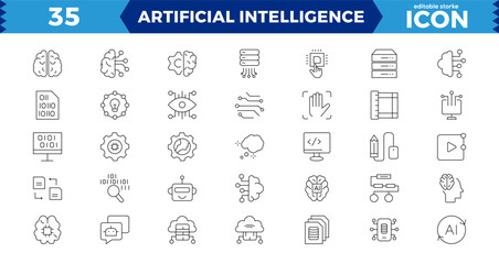 Artificial intelligence Pixel Perfect set of web icons in line style. AI technology icons for web and mobile app. Machine learning, digital AI technology, smart robotic, cloud computing network.