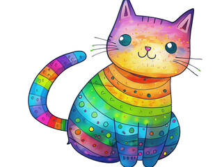 Colorful cartoon cat ideal for kids' characters and birthday cards. Its playful design in rainbow colors is sure to bring joy to children.