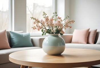 Minimal Scandinavian contemporary empty wooden table with a vase. with sunlight. Simplistic Home office, plant, clean.	