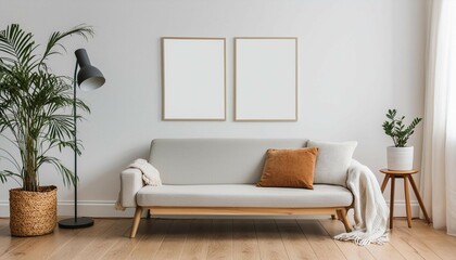 Frame mockup, Scandinavian style home interior with cozy sofa, wall poster frame design, 3D render