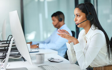 Computer, callcenter and woman with phone call, headset and sales consultant in customer service...