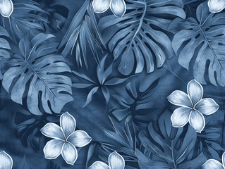 Hand-drawn denim and palm tree leaf pattern on blue jeans cloth with flowers, creating a stylish and  design. Unique and chic.