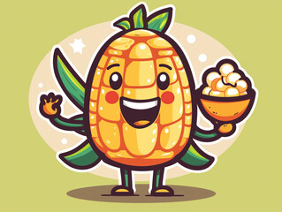 A cartoon corn character holding a bowl of popcorn is designed in a vector style, ideal for use as a mascot illustration.