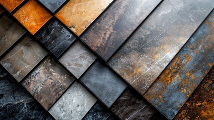 Dynamic angle shot of assorted vinyl tile samples, highlighting the reflective sheen and depth of color in each piece